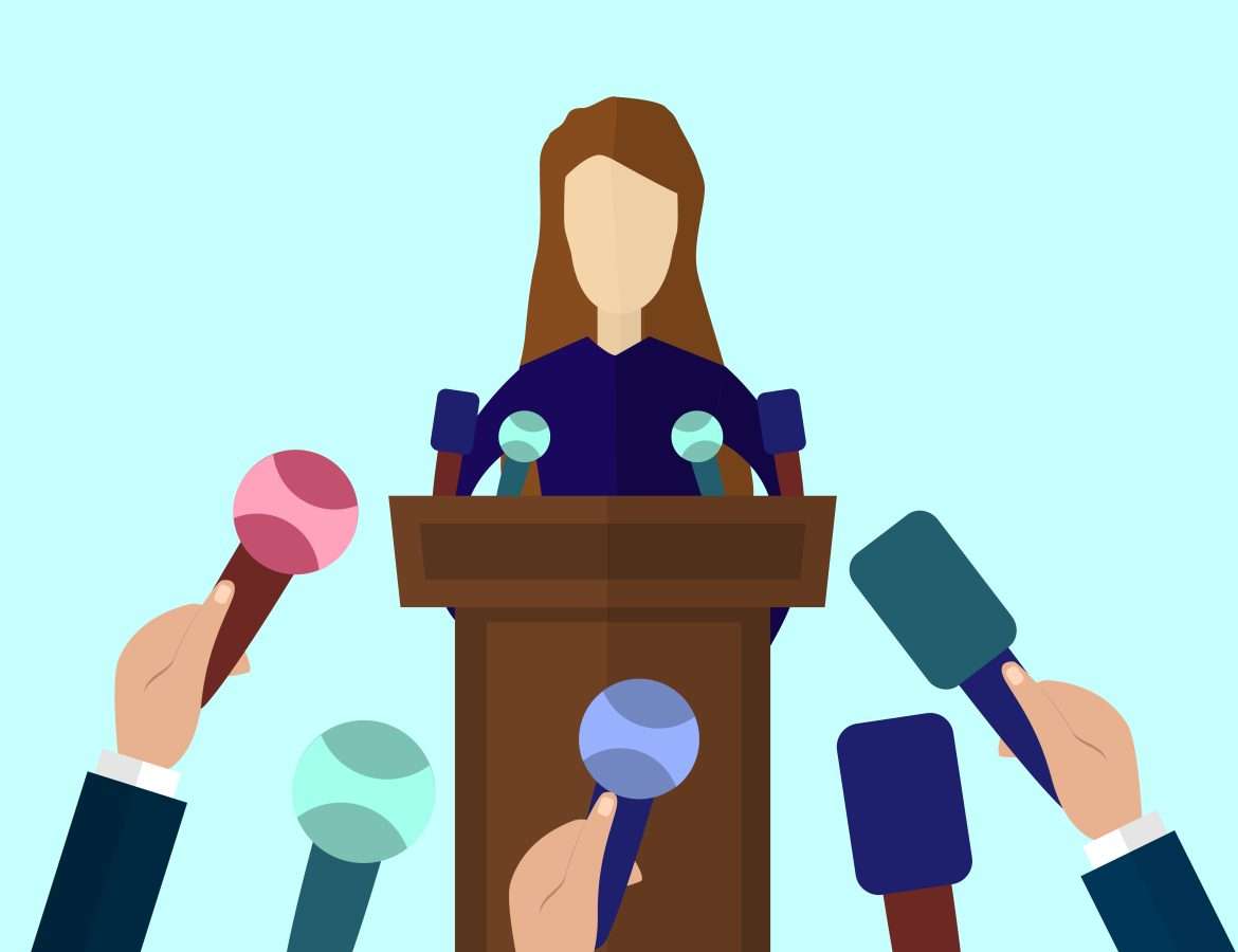 press conference, public speaker vector illustration in flat style